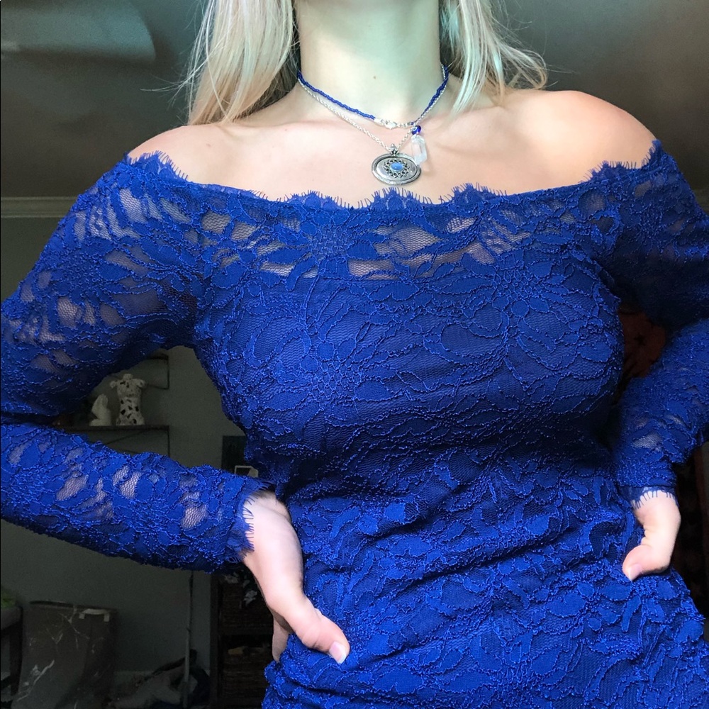 Royal Blue Lace Off the Shoulder Midi Dress